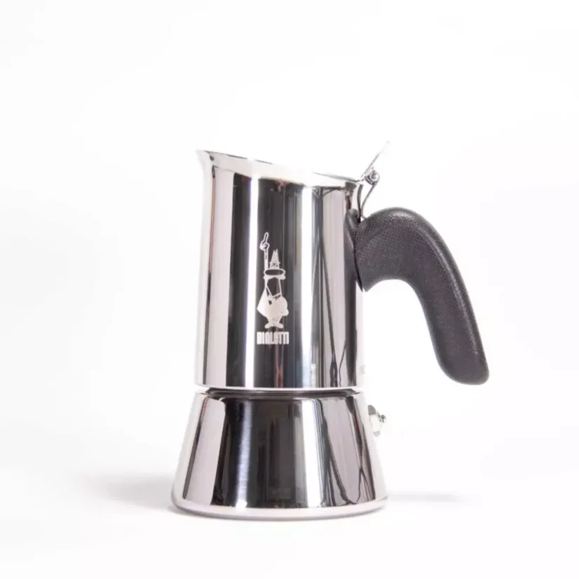 Silberne Mokkakanne Bialetti New Venus für 2 Tassen mit schwarzem Griff