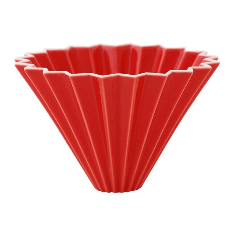 Red dripper for the preparation of Origami drip coffee.