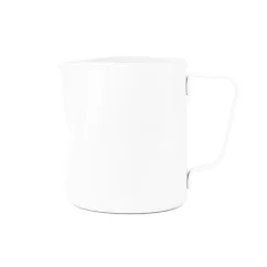 White Teflon milk jug with a capacity of 360 ml, resistant to sticking thanks to the Teflon surface.