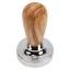ECM tamper with an olive wood handle.