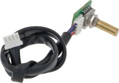 Potentiometer mat enger Messingwell, enger klenger gréng Plack an engem méizäilege Kabel, zu engem Krees opgerollt. Potentiometer mat enger Messingwell, enger klenger gréng Plack an engem méizäilege Kabel, zu engem Krees opgerollt.