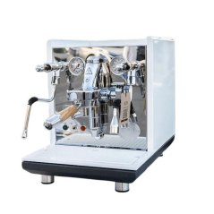 Cafetera ECM Synchronika en color blanco para uso doméstico, de diseño elegante y sofisticado, destinada a amantes del espresso, no incluye molinillo de café en grano.