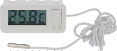 Wäisse digitale Thermometer EBERHARDT mat engem LCD-Display an engem wäisse Kabel mat enger Sond um Enn.