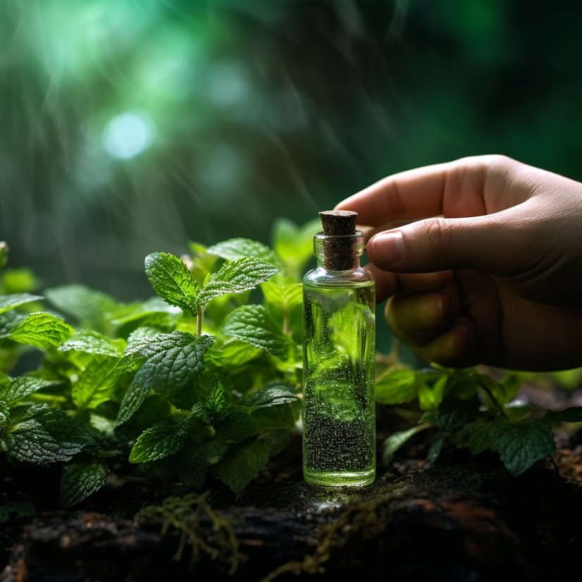 Glass bottle with 10 ml of 100% natural peppermint essential oil from Pestik, suitable for use with inflammations.