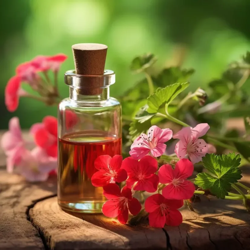 Bottle of essential oil Pěstík containing 10 ml, with a pleasant floral scent of pink geranium, 100% natural.