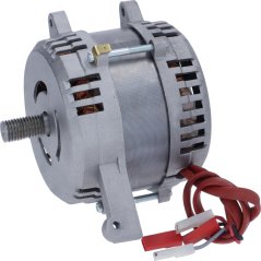 Elektromotor mat engem Aluminiumsgehäus, enger Gewënde-Wier an engem Bündel rout a wäiss Leedunge mat Konnektoren.