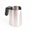 Silver Subminimal Flowtip milk pitcher with black handle on a white background