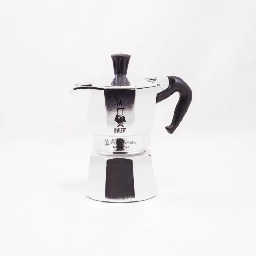 Silver Bialetti Moka Express pot for 2 cups on a white background
