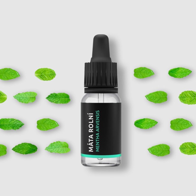 Glass bottle with 100% natural peppermint essential oil from Pestik brand, 10 ml volume, with a strong menthol scent.