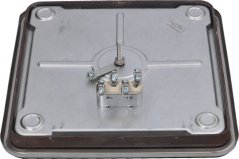 Elektresch Kachplack vun der Réckséit mat Metallgehäus an enger Klemmleist an der Mëtt, aneren Ausschnëtt Elektresch Kachplack vun der Réckséit mat Metallgehäus an enger Klemmleist an der Mëtt, aneren Ausschnëtt