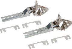 Set vun zwee Metallscharnéier fir de Kühlschrank mat Montagearem a bäigeleeten Distanzplättercher.