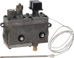 Gasventil Minisit mat engem Dréiknäppchen, enger schwaarzer elektromagnéitescher Spull an enger Kapillar mat enger Sond.