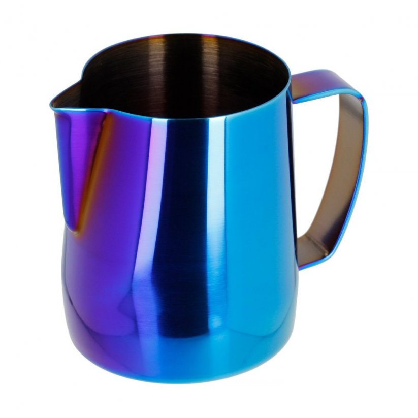 Blue Barista Space jug for whisking milk.
