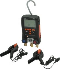Digital Drockmooss Testo 550s, mat engem Opphängshaken a zwou Zangen-Temperatursonde mat Kabelen.