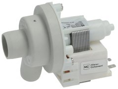 Ofpompel mat engem wäisse Plastikkierper an engem ugeschlossene Elektromotor mat engem Etikett.