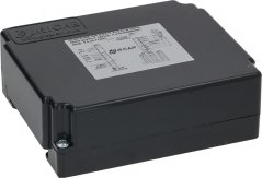 Elektronesch Box vum Spender an engem schwaarze Plastikgehäus mat engem GICAR-Schëld, vu schréig uewen gesinn.