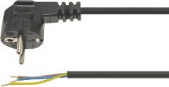 Stroumkabel 16A 250V 1300 mm, schwaarze Kabel mat gewénkeltem Stecker an ofisoléiert faarweg Draten um anere Enn Stroumkabel 16A 250V 1300 mm, schwaarze Kabel mat gewénkeltem Stecker an ofisoléiert faarweg Draten um anere Enn