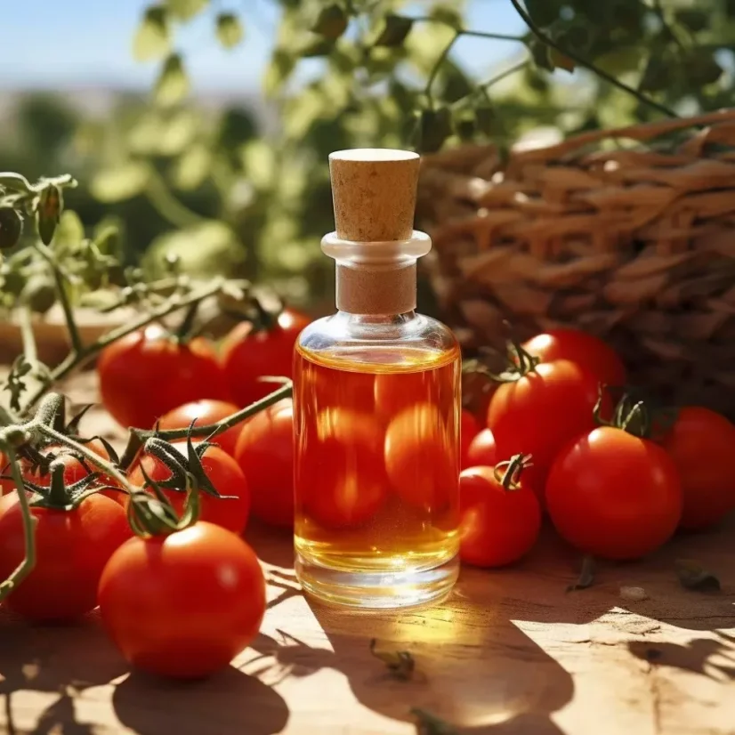 Flacon en verre de 10 ml d'huile essentielle de tomate, idéal pour une utilisation au printemps.
