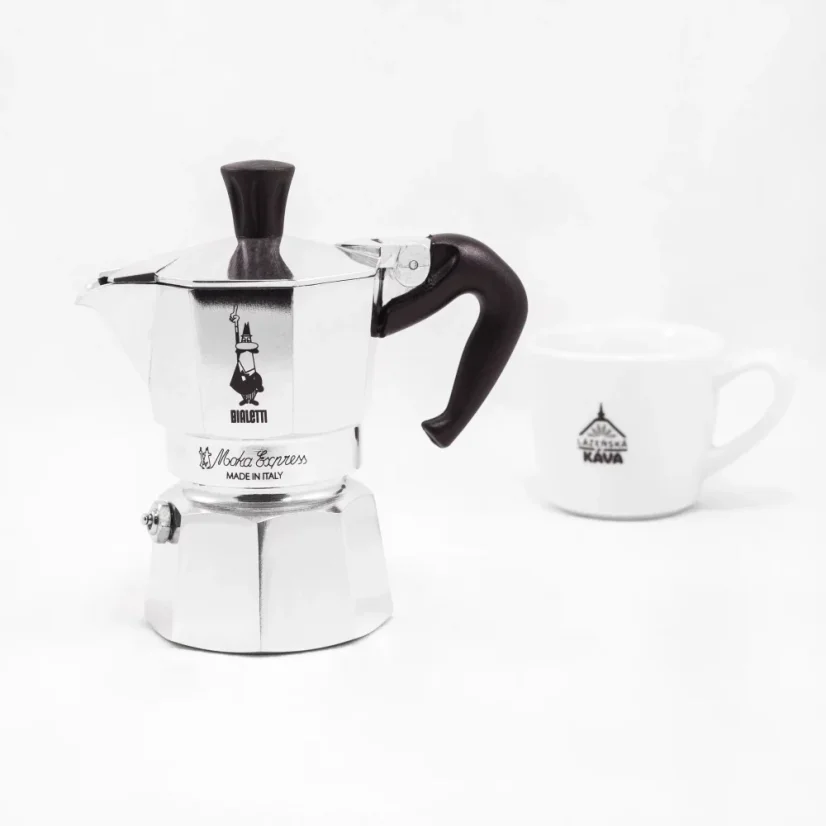 Cafetière Moka Bialetti Moka Express argentée avec une capacité de 1 tasse.