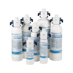 Seven different-sized BWT Bestmax water filter cartridges.