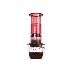 The Aeropress Clear Coffee Press features a beautiful clean red design.