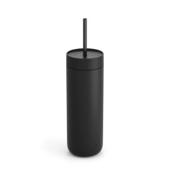 Insulated tumbler with a straw for cold drinks in black color.