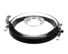 Glas-Deckeleenheet a ronner Form mat Metallklamme an engem Lach an der Mëtt, ouni Stopp. Glas-Deckeleenheet a ronner Form mat Metallklamme an engem Lach an der Mëtt, ouni Stopp.