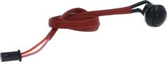 Schwaarzt ronnt Knäppchen mat laangem roude Kabel mat engem Steckverbinder um Enn Schwaarzt ronnt Knäppchen mat laangem roude Kabel mat engem Steckverbinder um Enn