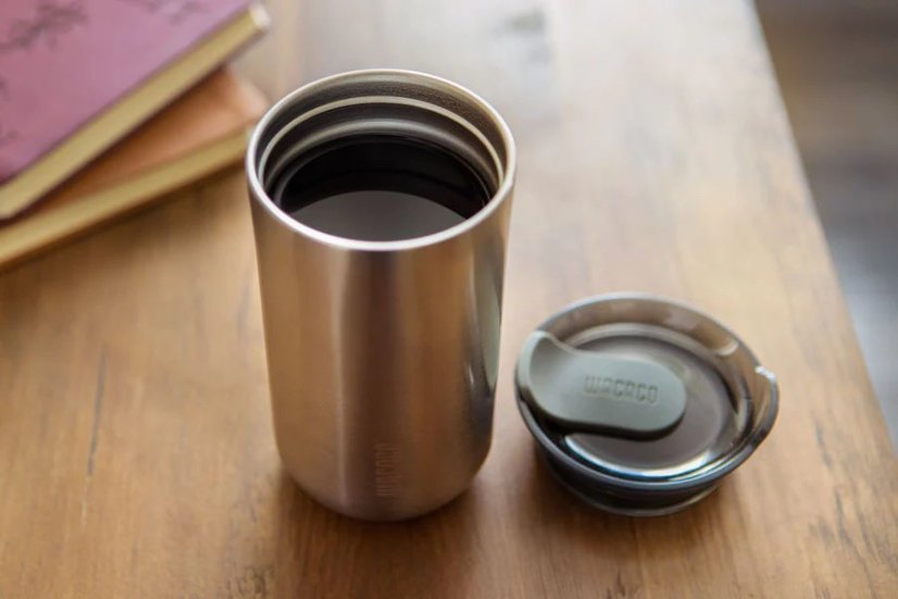 Coffee in the thermos mug of the Wacaco Cuppamoka coffee maker.