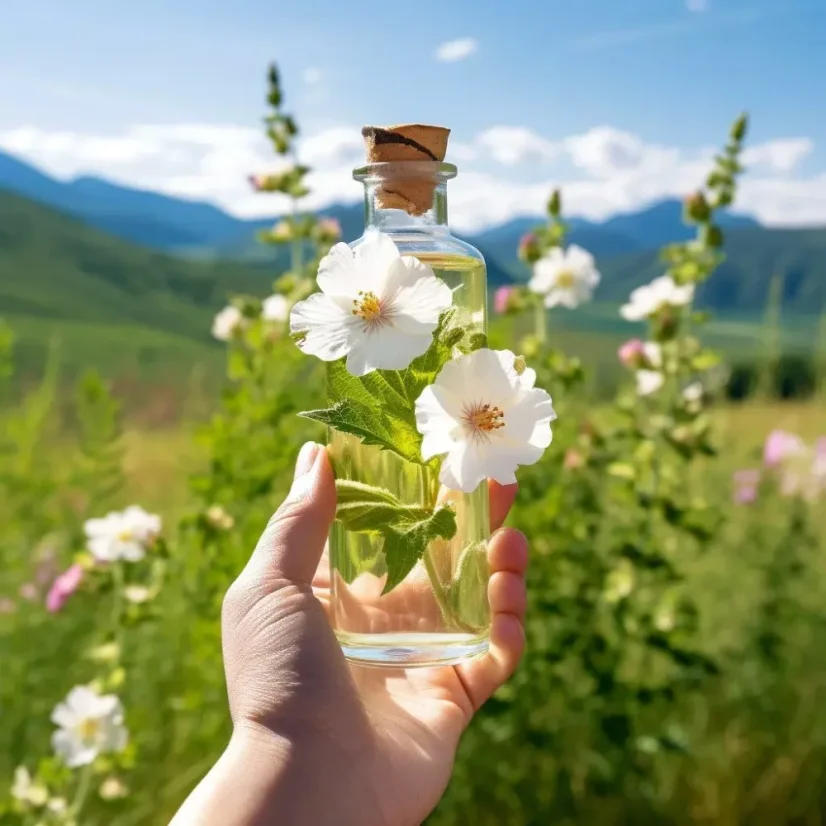 Flacon en verre contenant de l'huile essentielle 100% naturelle de Proskurník, idéale pour une utilisation au printemps.