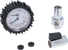 Set Thermometer-Manometer an engem Gummigehäus, mat engem verchromte Béi, engem Ventil a zwee Kappen. Set Thermometer-Manometer an engem Gummigehäus, mat engem verchromte Béi, engem Ventil a zwee Kappen.