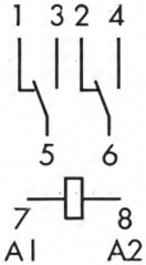 Uschloossschema vum selwechte Relais mat zwee Wiesselkontakter an enger Spull A1–A2.