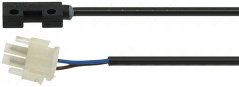 Magnéitesche Mikroschalter E511 1B mat engem schwaarzen Plastikgehäus, engem wäisse Stecker an engem Kabel, an zwee Stécker gewisen.