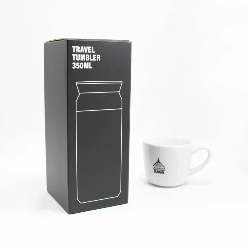 Original packaging for the Kinto Travel Tumbler Khaki 350ml on a white background with a coffee cup