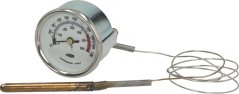 Wäisse Fernthermometer mat enger Skala vun 0 bis 600 °C an engem dënnen Drot-Kapillarkabel mat enger Sond.