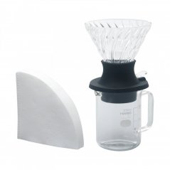 Hario Immersion dripper set with beaker and paper filters.