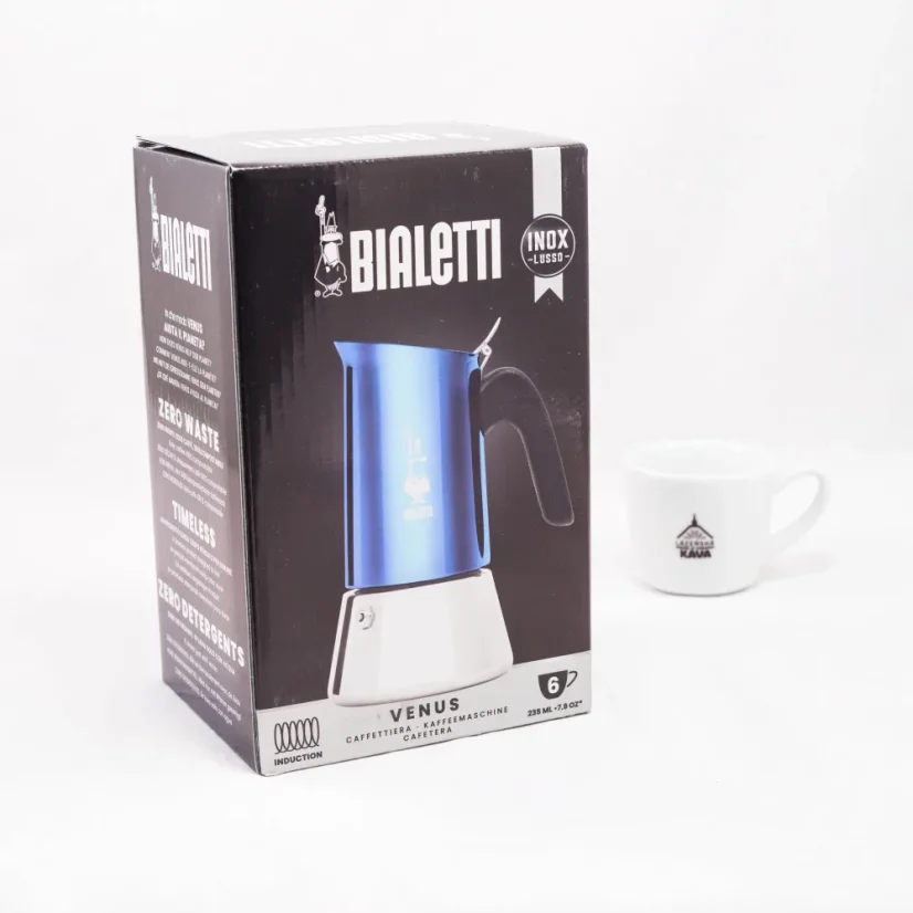 Cafetière Moka Bialetti New Venus Blue pour préparer jusqu'à 6 tasses de café.