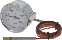 Wäisse Fernthermometer mat enger Skala vun 0 bis 250 °C an engem geflochtene Kupferkabel mat enger Sond.