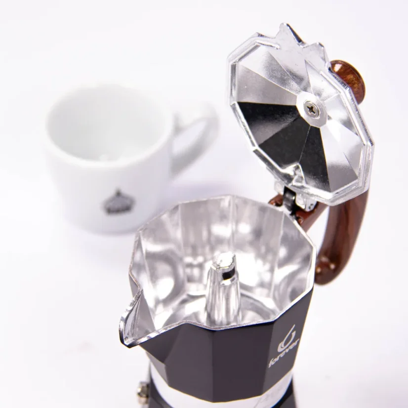 Forever Prestige Radica Moka pot with an open space for brewed coffee.