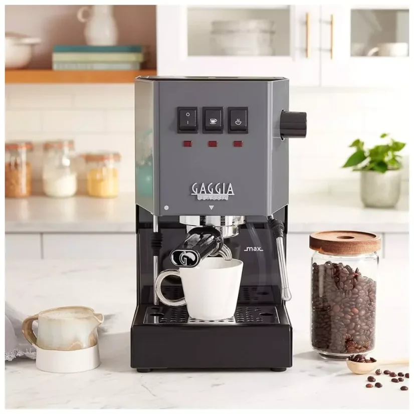 Grey home single-group espresso machine Gaggia New Classic EVO.