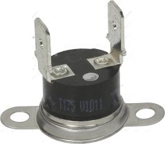 Kontaktthermostat 100°C, schwaarzt zylindrescht Gehais mat zwee Schraufkontakter a Montageluese.