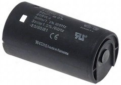 Kondensator 59 µF 250V 60Hz, schwaarzt zylindrescht Gehäus mat den Opdrock vun de Parameteren an enger Gummi-Befestegungskap. Kondensator 59 µF 250V 60Hz, schwaarzt zylindrescht Gehäus mat den Opdrock vun de Parameteren an enger Gummi-Befestegungskap.