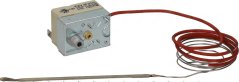 Eenfaser-Thermostat 335 °C, Metallkëscht mat engem Dréiknäppchen, engem laange roude Kapillarkabel an enger Sond.