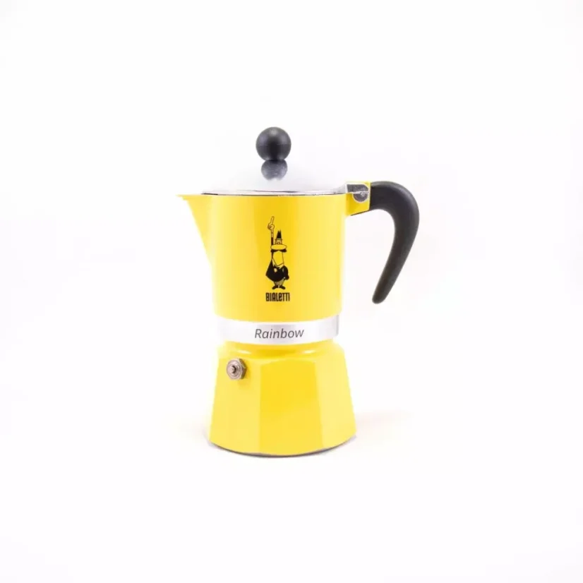 Cafetière moka jaune Bialetti Rainbow 3 avec une capacité de préparation jusqu'à 3 tasses de café.