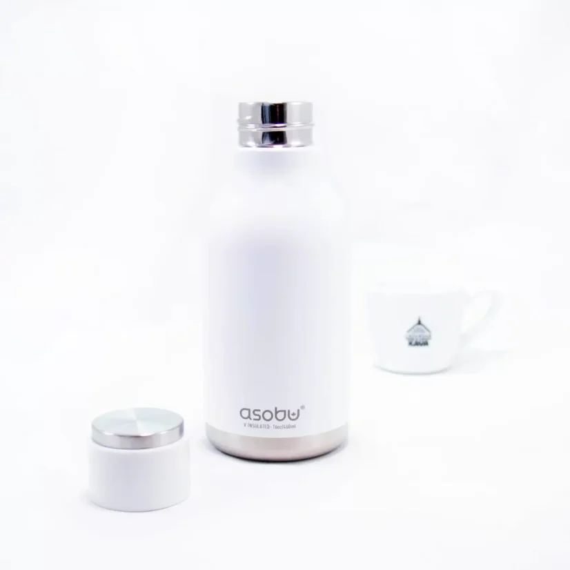 Biała termoska Asobu Urban o pojemności 460 ml, idealna do utrzymywania napojów w temperaturze w podróży.