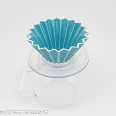 Turquoise Origami dripper on plastic holder.