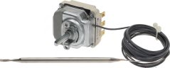 Dräifase Thermostat mat engem Metallkierper, engem Kabel mat engem Bandetikett an enger riichter dënner Metallsond.