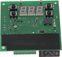 Displayplack mat Knäppercher, gréng Plack mat dräi Siwesegment-Displayen a véier Knäppercher. Displayplack mat Knäppercher, gréng Plack mat dräi Siwesegment-Displayen a véier Knäppercher.