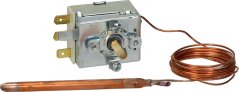 Eenfase-Thermostat mat Metallkierper, Dréiknäppchen a laanger, zu enger Scheif opgerollter Kapillarréier mat Fillkolben Eenfase-Thermostat mat Metallkierper, Dréiknäppchen a laanger, zu enger Scheif opgerollter Kapillarréier mat Fillkolben