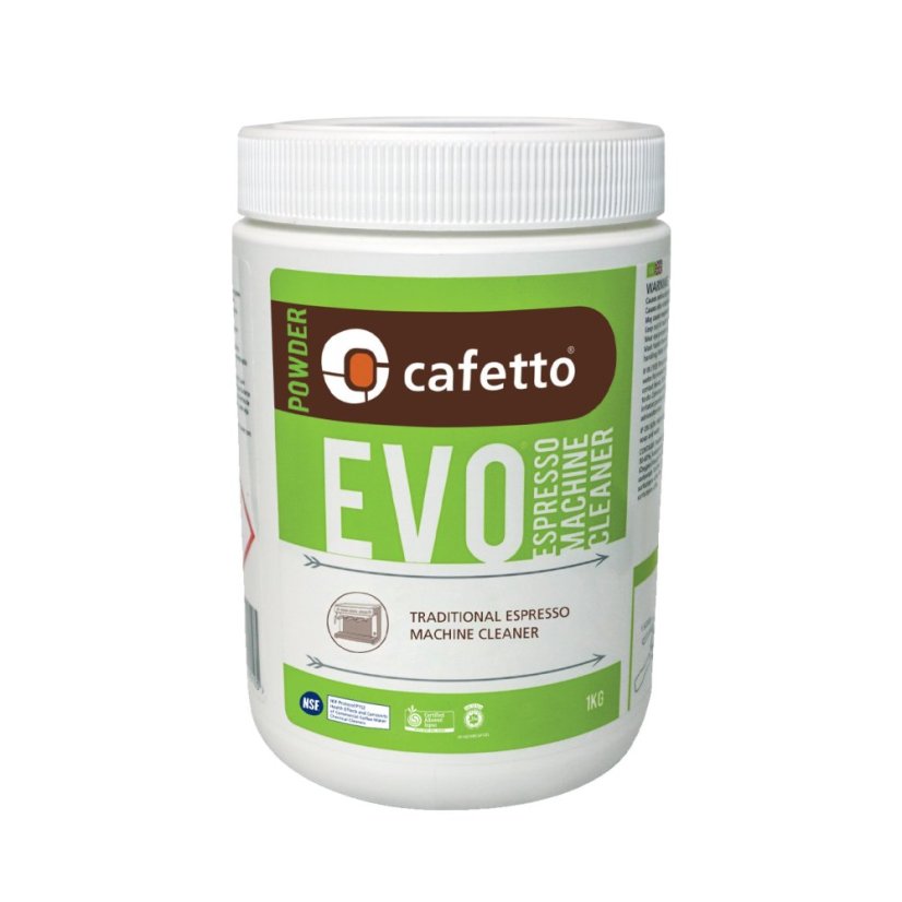 Limpiador para cafeteras en un envase de plástico blanco con impresión en color.